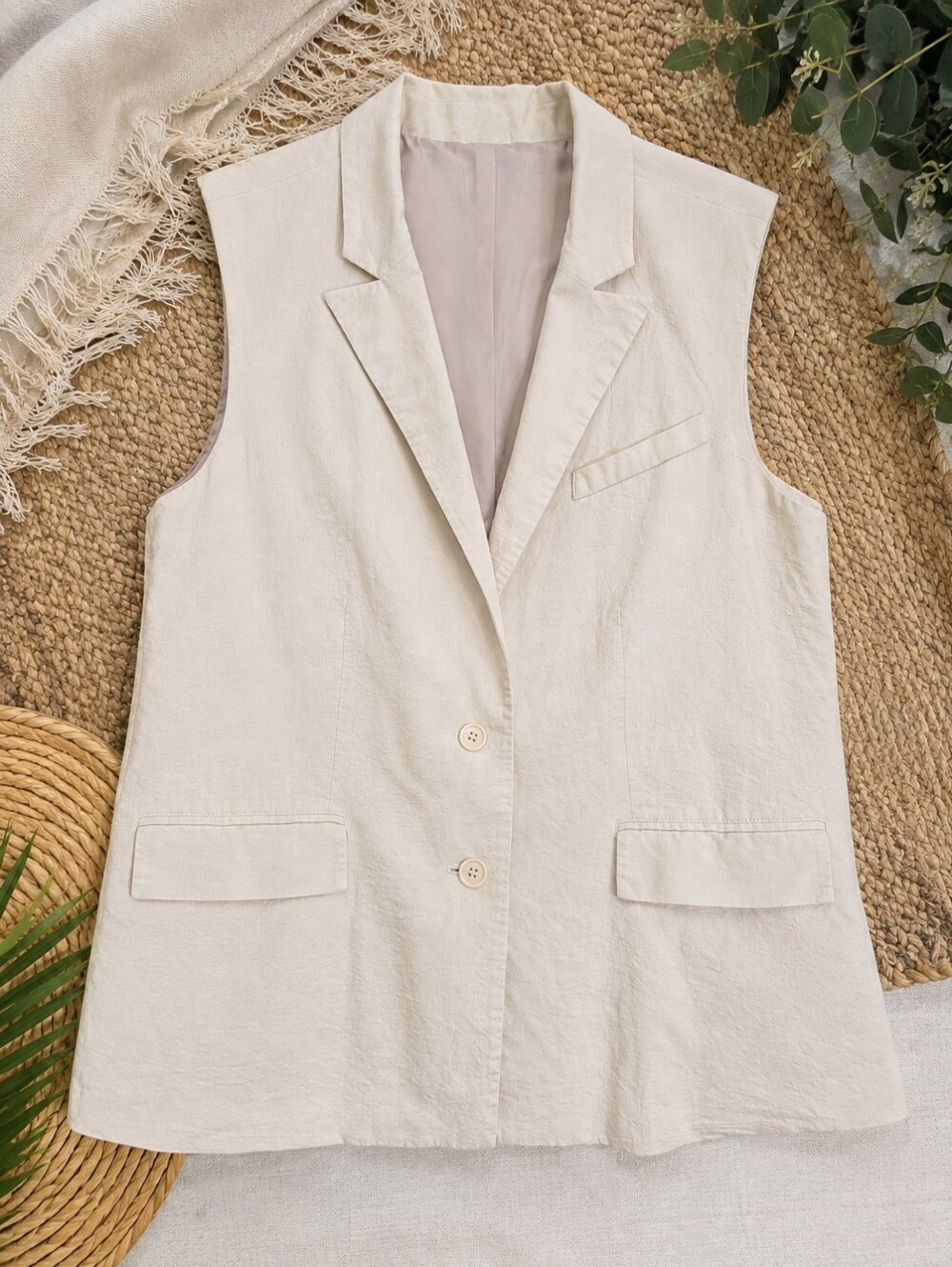 Open Edit Linen Blend Longline Vest Blazer Large Cream Beige